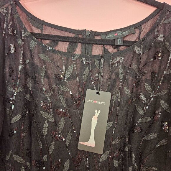 NWT Ever Pretty Black A-Line Tulle Sequin Flutter Sleeve Gown Long Formal Dress - Picture 8 of 11